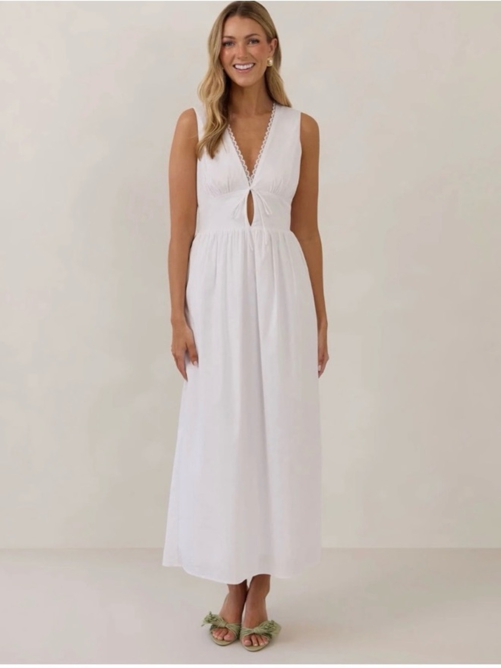 Park & Fifth White Sleeveless Maxi Dress with Lace Trim and Front Keyhole